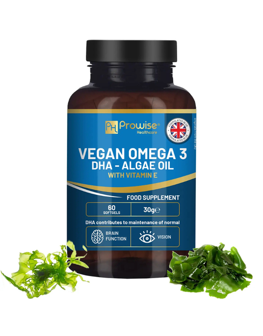 Prowise Oméga-3 Végétalien DHA à base d’Huile d’Algues – 60 Gélules | Source Durable, Sans Poisson, Enrichi en Vitamine E