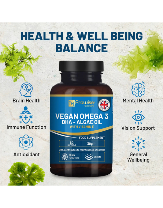 Prowise Oméga-3 Végétalien DHA à base d’Huile d’Algues – 60 Gélules | Source Durable, Sans Poisson, Enrichi en Vitamine E